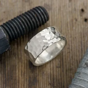 10mm 14k White Gold Mens Wedding Band, Hammered Polished