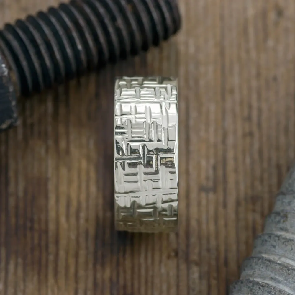 10mm 14k White Gold Mens Wedding Band, Textured Polished