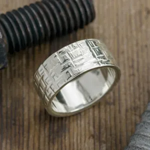 10mm 14k White Gold Mens Wedding Band, Textured Polished