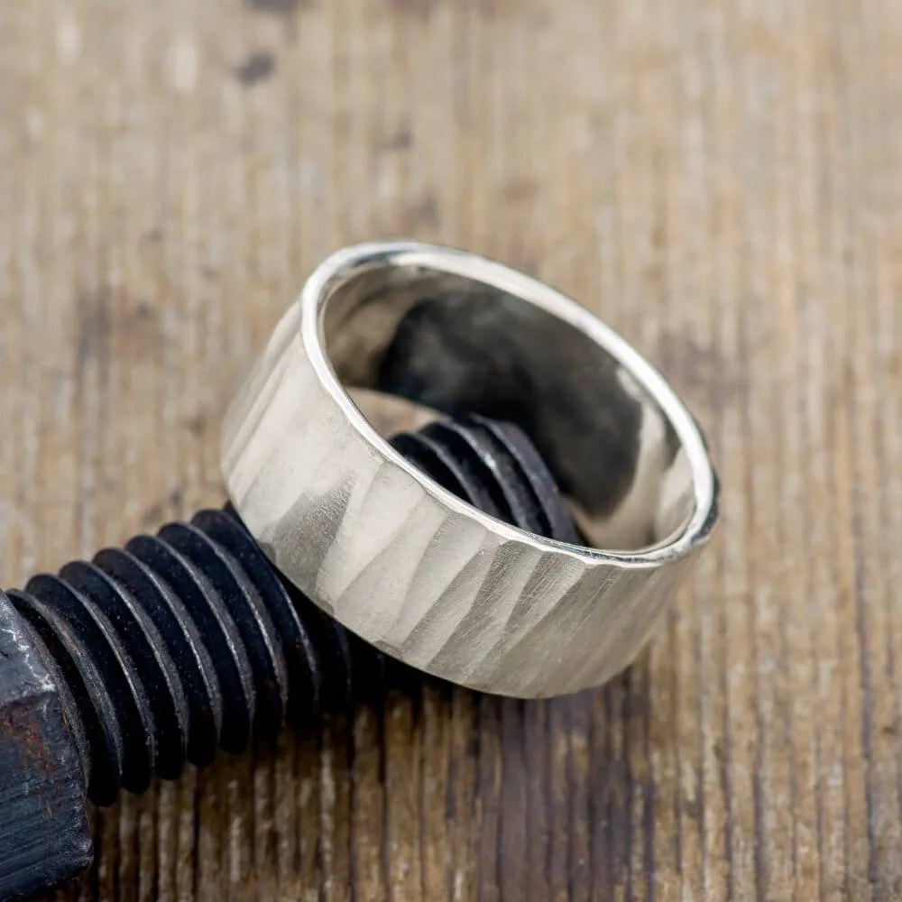 10mm 14k White Gold Mens Wedding Band, Wood Grain Matte