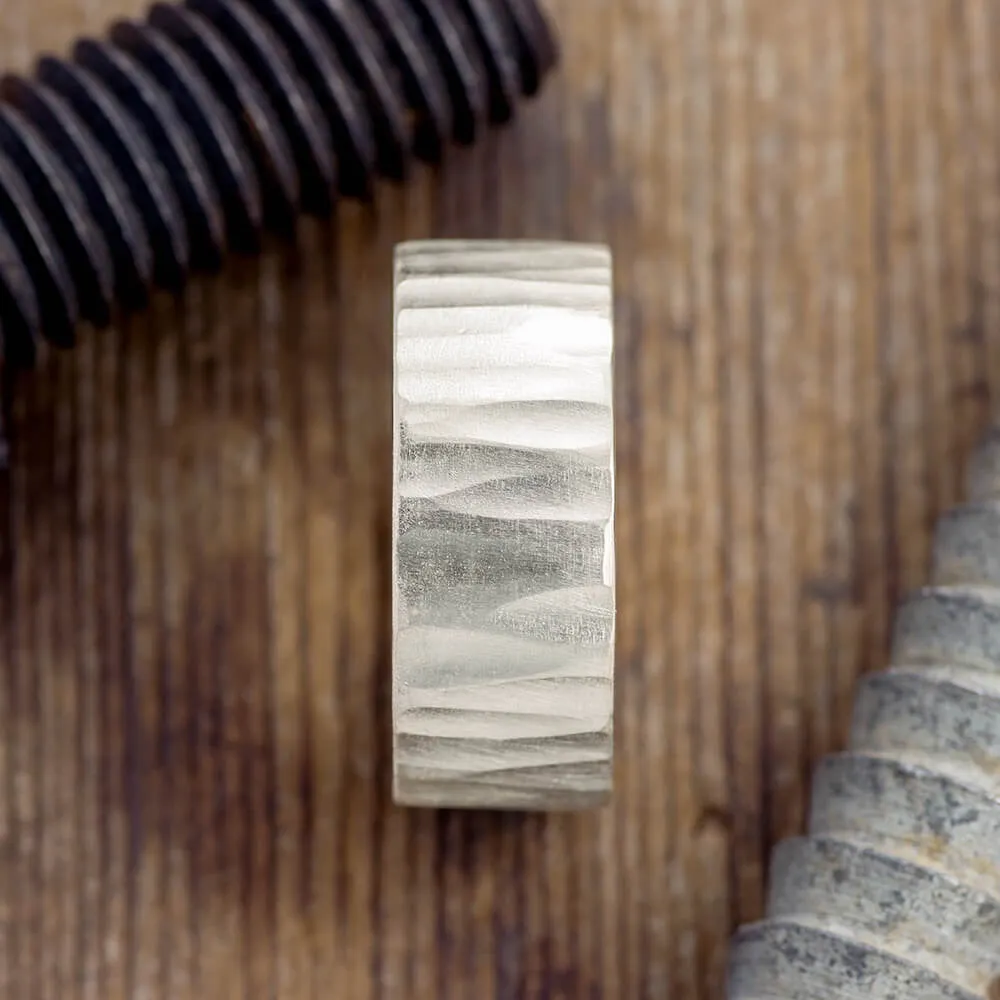 10mm 14k White Gold Mens Wedding Band, Wood Grain Matte