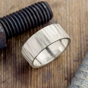 10mm 14k White Gold Mens Wedding Band, Wood Grain Matte