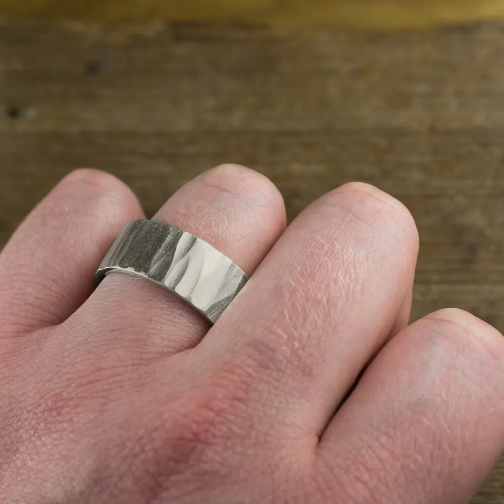 10mm 14k White Gold Mens Wedding Band, Wood Grain Matte