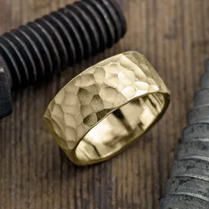 10mm 14k Yellow Gold Mens Wedding Band, Hammered Matte