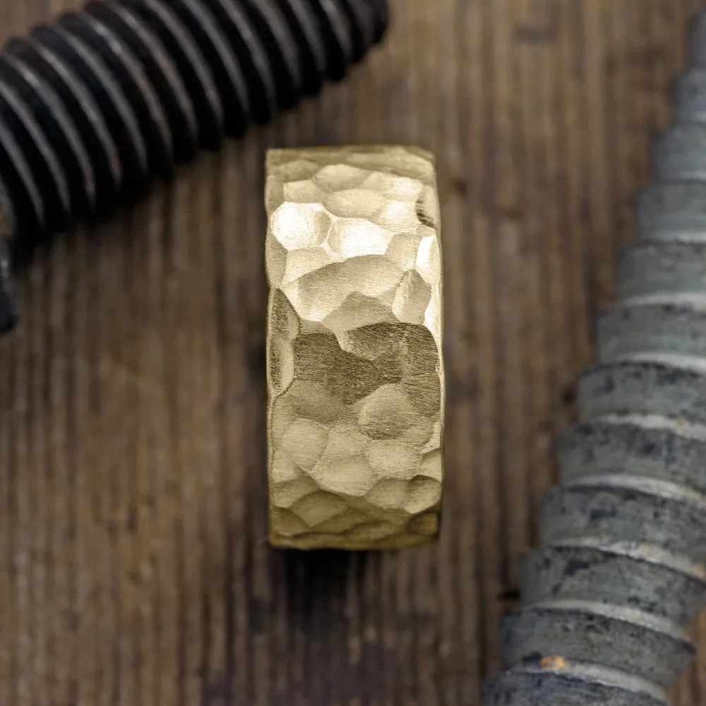10mm 14k Yellow Gold Mens Wedding Band, Hammered Matte