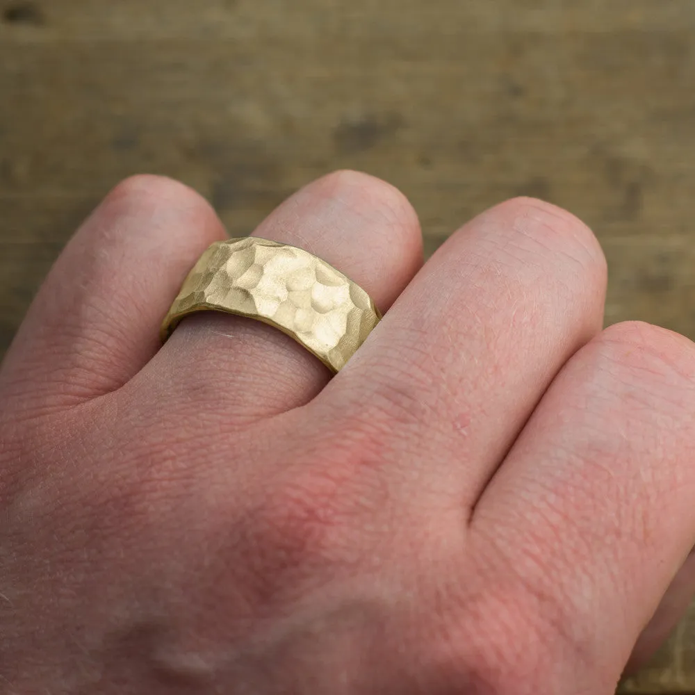 10mm 14k Yellow Gold Mens Wedding Band, Hammered Matte