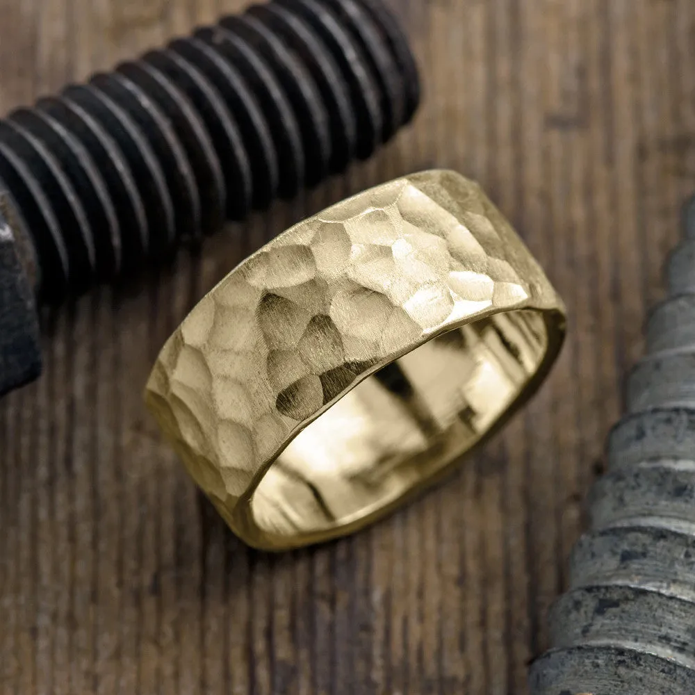 10mm 14k Yellow Gold Mens Wedding Band, Hammered Matte