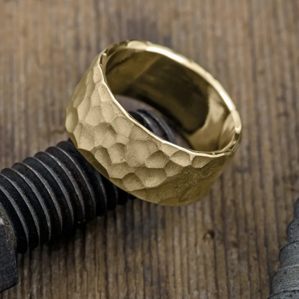 10mm 14k Yellow Gold Mens Wedding Band, Hammered Matte