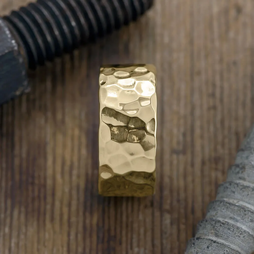 10mm 14k Yellow Gold Mens Wedding Band, Hammered Polished