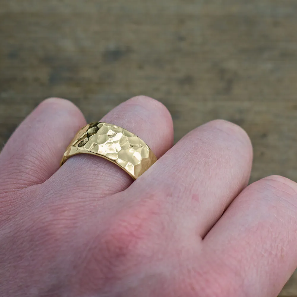 10mm 14k Yellow Gold Mens Wedding Band, Hammered Polished