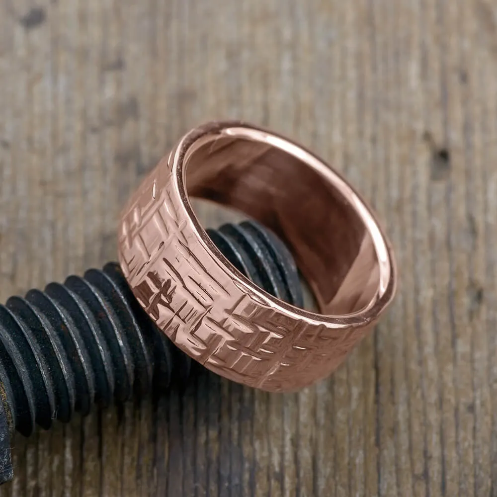 10mm, Comfort Fit, 14k Rose Gold Mens Wedding Band, Textured Polished