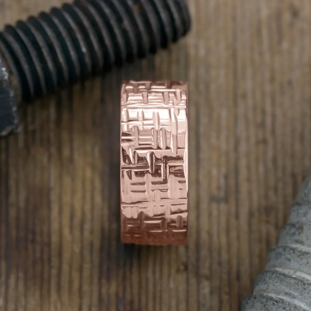 10mm, Comfort Fit, 14k Rose Gold Mens Wedding Band, Textured Polished