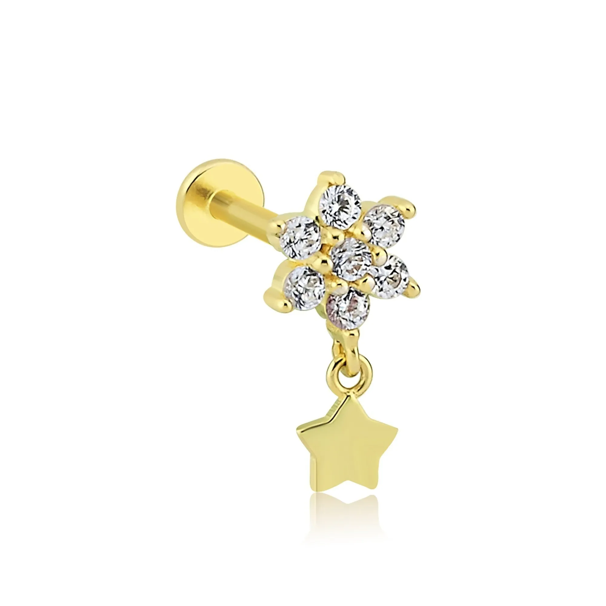 14k Gold Star Tragus Piercing with Stone Flower Tip