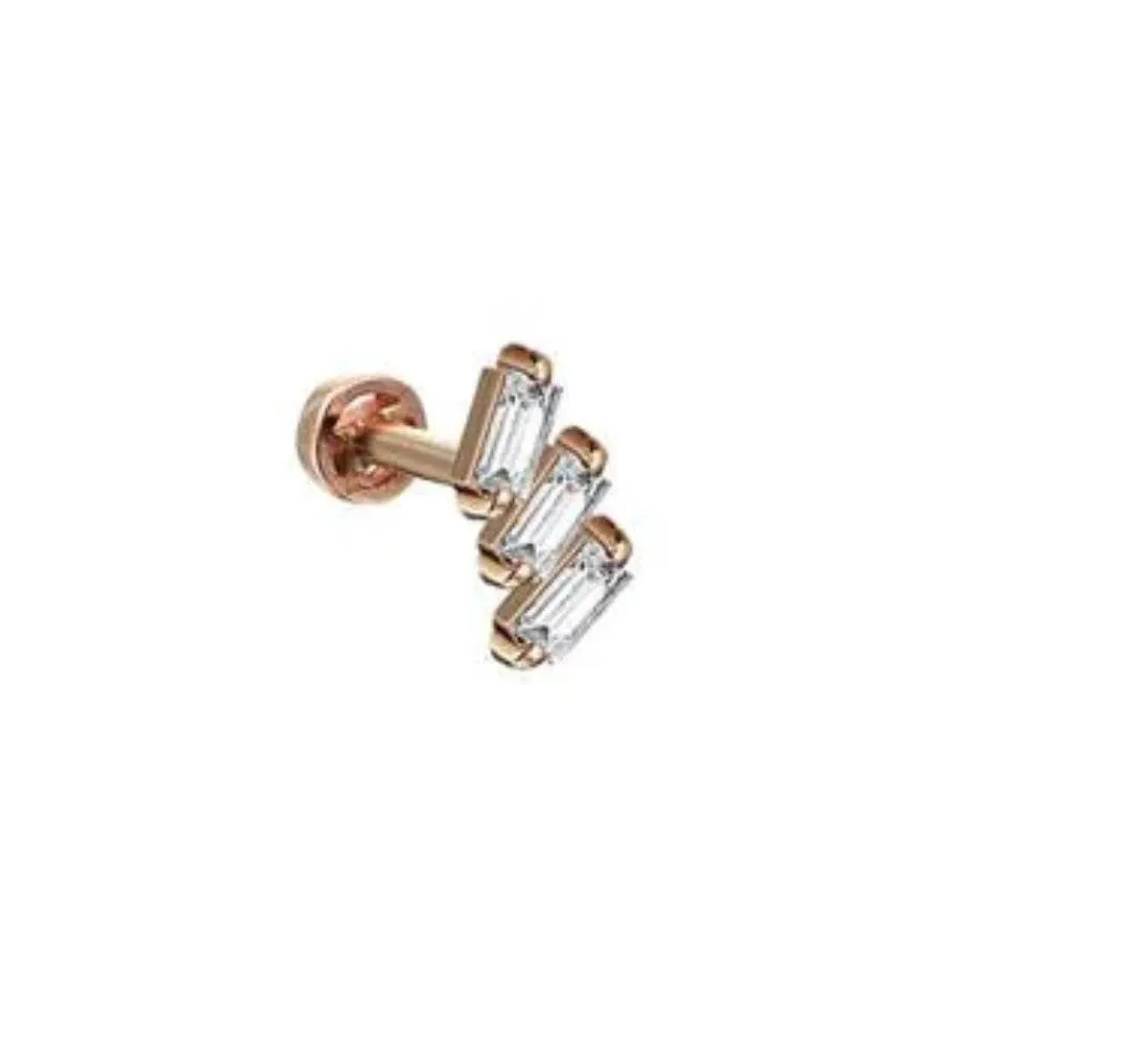 14k Gold Triple Row Baguette Tragus Piercing