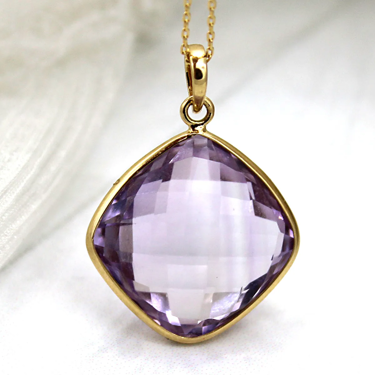 18k Solid Yellow Gold Natural Amethyst Fine Necklace Pendant