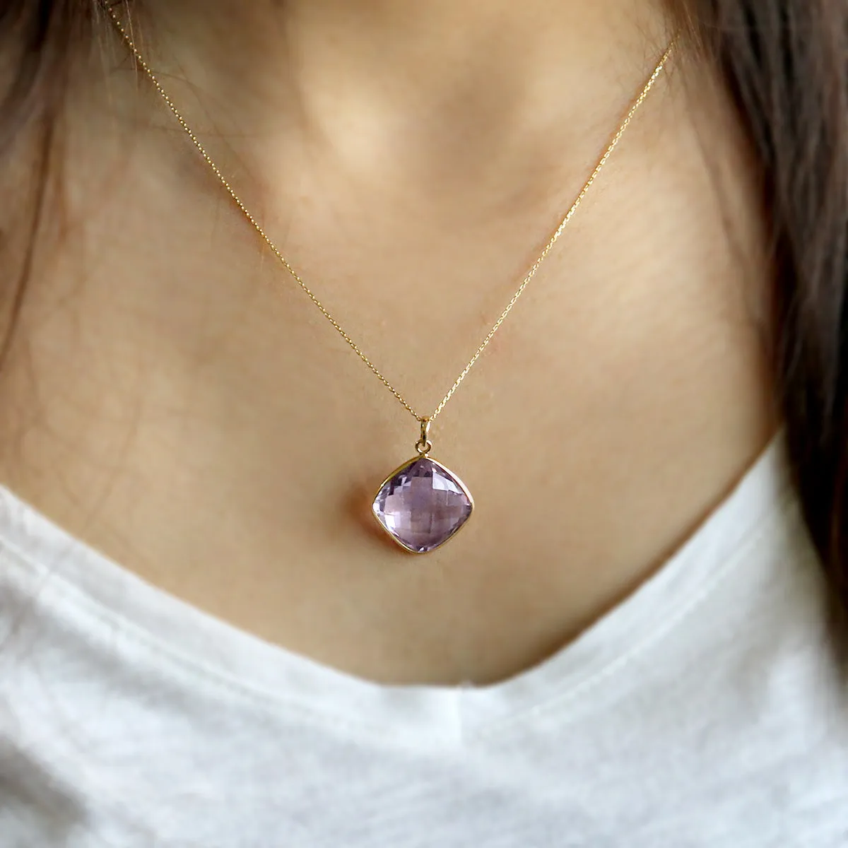 18k Solid Yellow Gold Natural Amethyst Fine Necklace Pendant