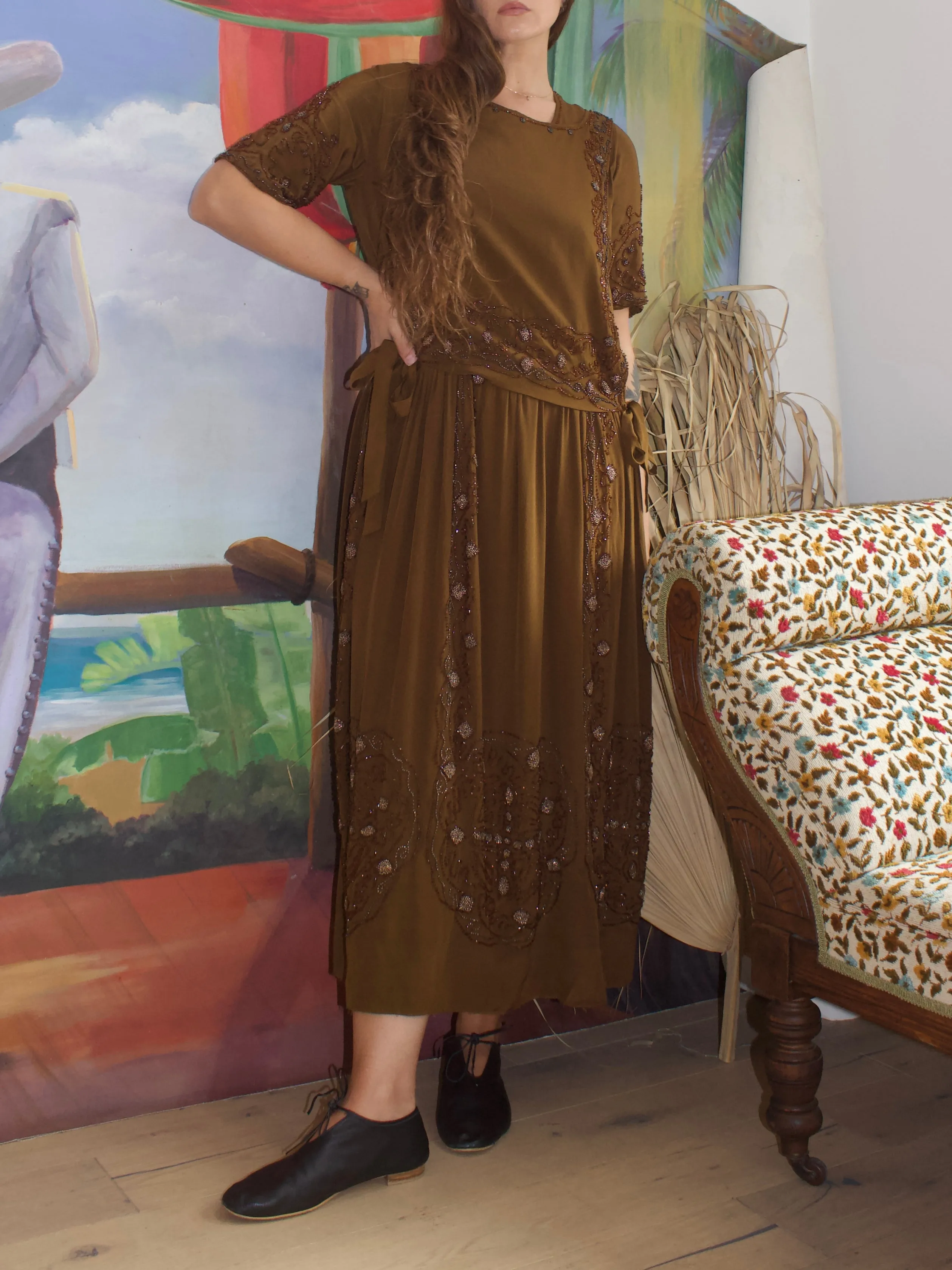 1920s Beaded Apron Style Golden Bronze Dress