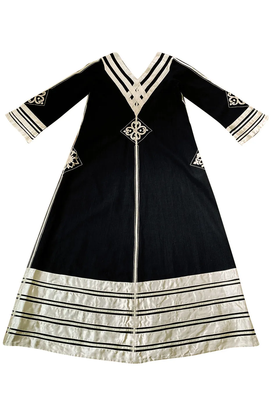 1960s Josefa Black Cotton, Gold Ribbon & Hand Embroidered Caftan Dress