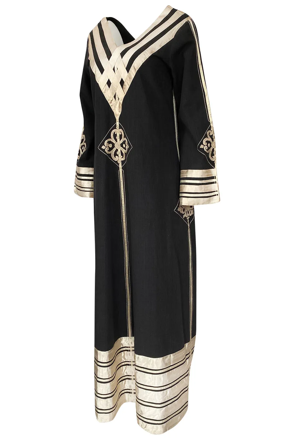 1960s Josefa Black Cotton, Gold Ribbon & Hand Embroidered Caftan Dress