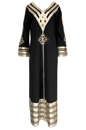 1960s Josefa Black Cotton, Gold Ribbon & Hand Embroidered Caftan Dress