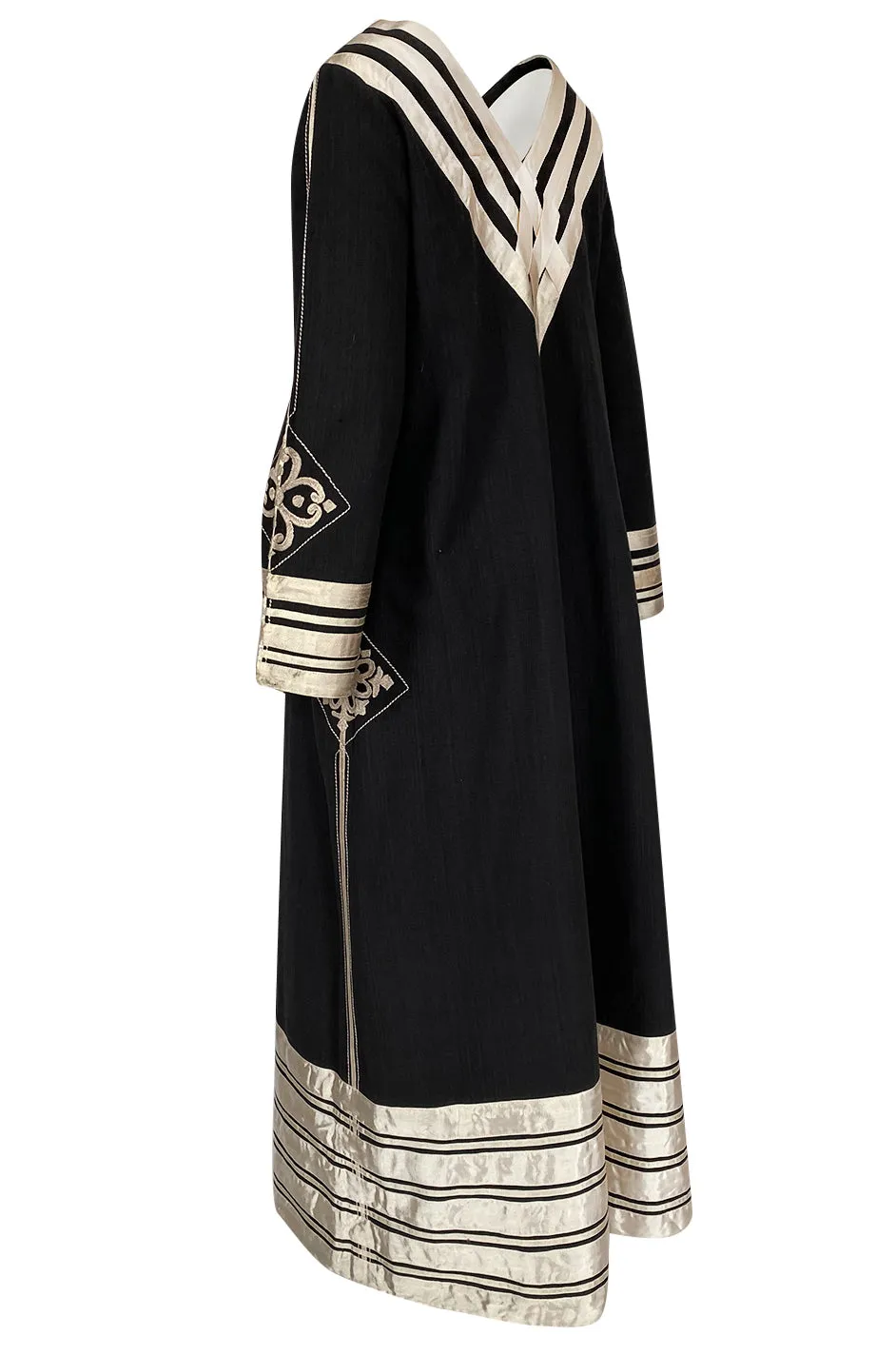1960s Josefa Black Cotton, Gold Ribbon & Hand Embroidered Caftan Dress