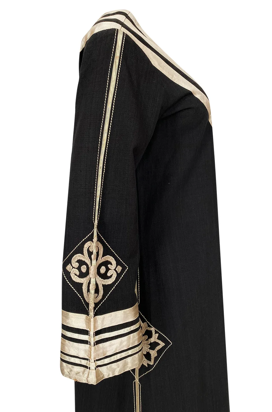 1960s Josefa Black Cotton, Gold Ribbon & Hand Embroidered Caftan Dress