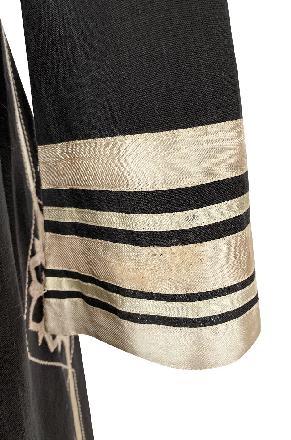 1960s Josefa Black Cotton, Gold Ribbon & Hand Embroidered Caftan Dress