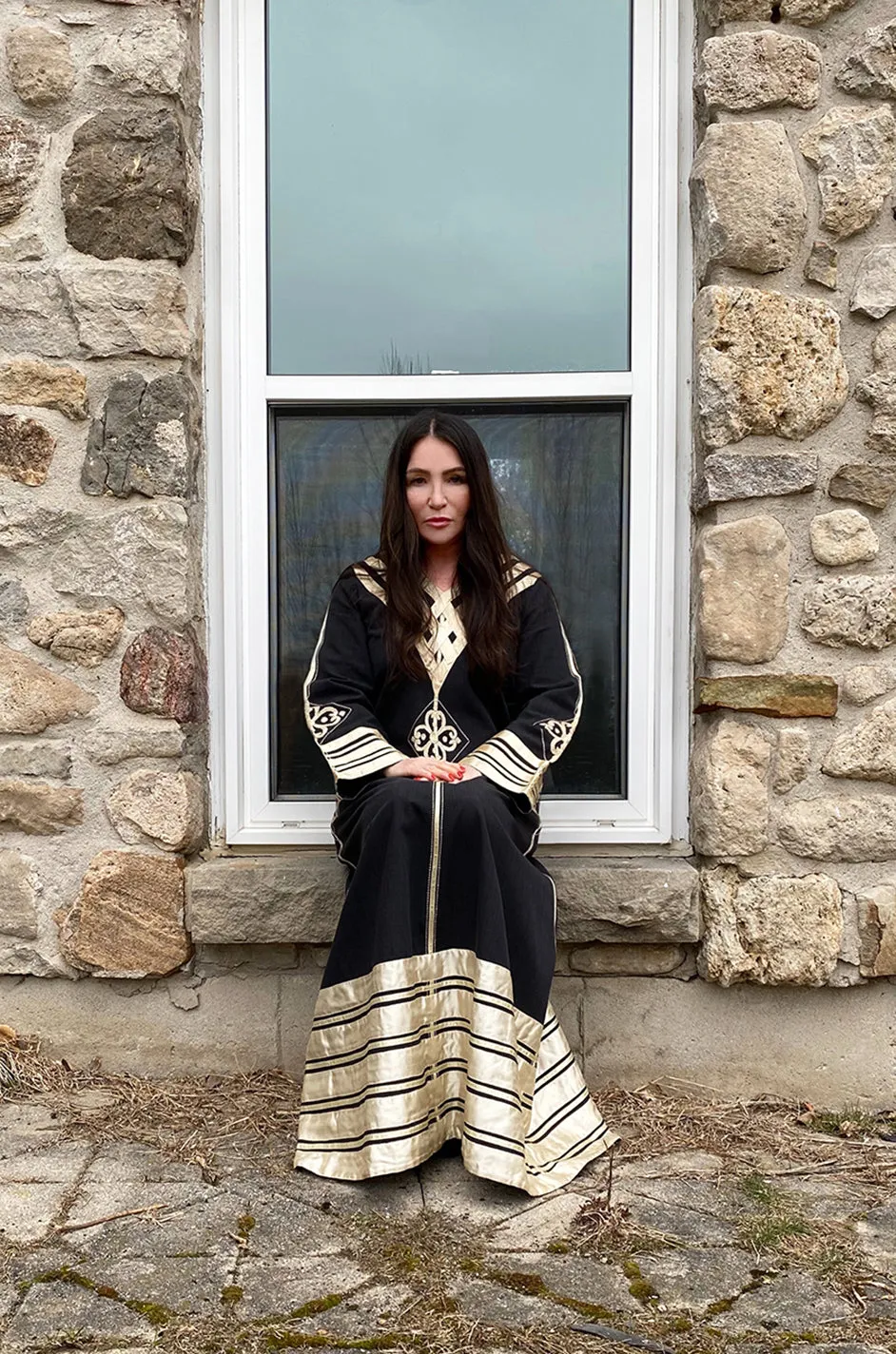 1960s Josefa Black Cotton, Gold Ribbon & Hand Embroidered Caftan Dress