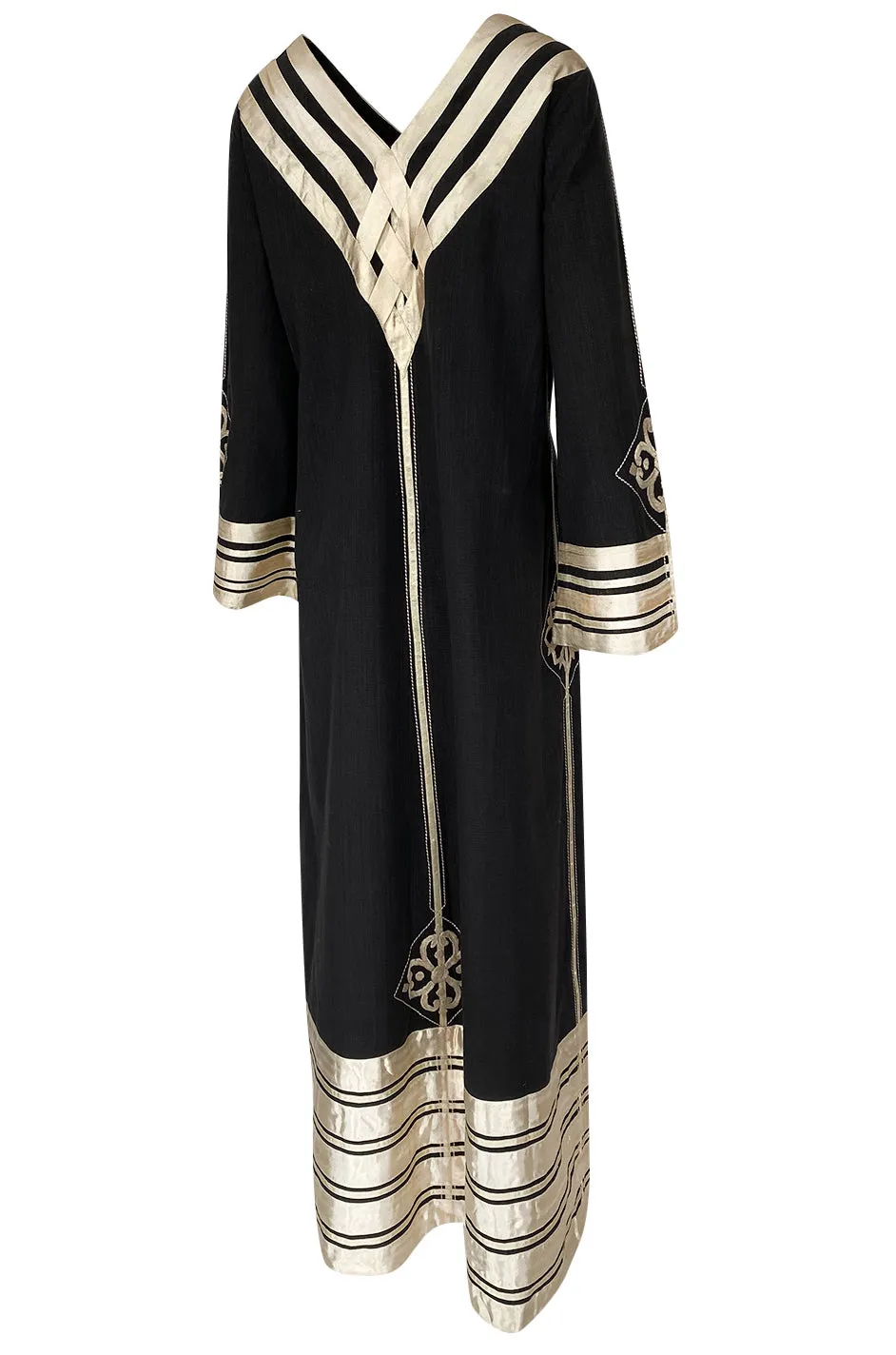 1960s Josefa Black Cotton, Gold Ribbon & Hand Embroidered Caftan Dress