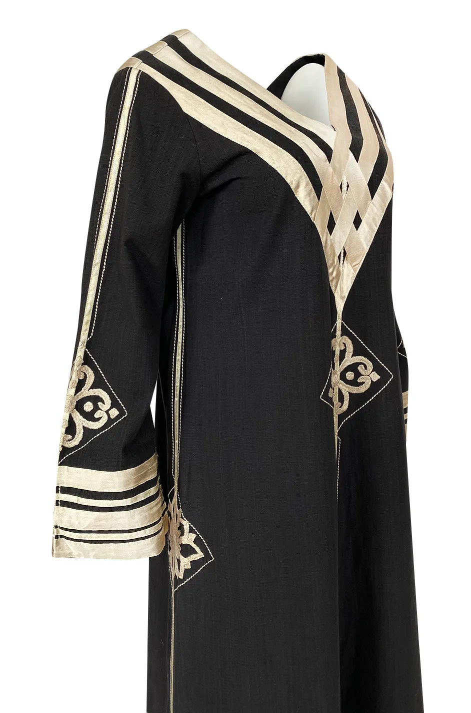 1960s Josefa Black Cotton, Gold Ribbon & Hand Embroidered Caftan Dress