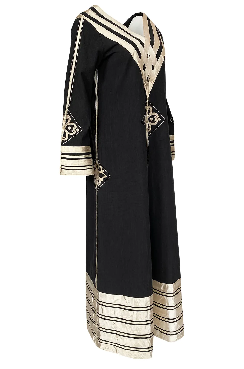 1960s Josefa Black Cotton, Gold Ribbon & Hand Embroidered Caftan Dress