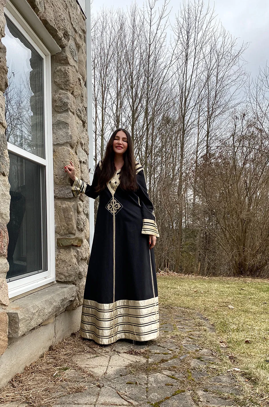 1960s Josefa Black Cotton, Gold Ribbon & Hand Embroidered Caftan Dress