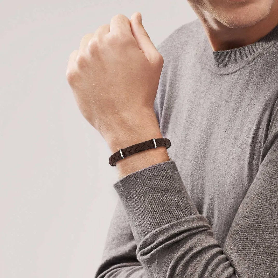 316L Stainless Steel Genuine Brown Leather Braided Station Bracelet
