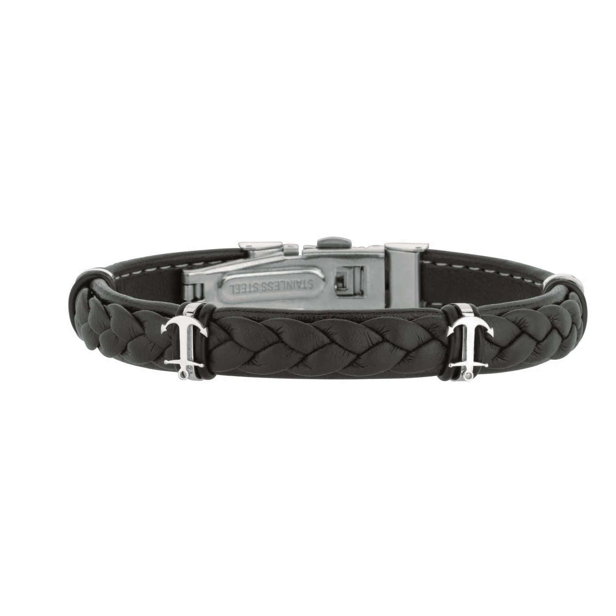 316L Stainless Steel Genuine Leather Braided Anchor Station Bracelet