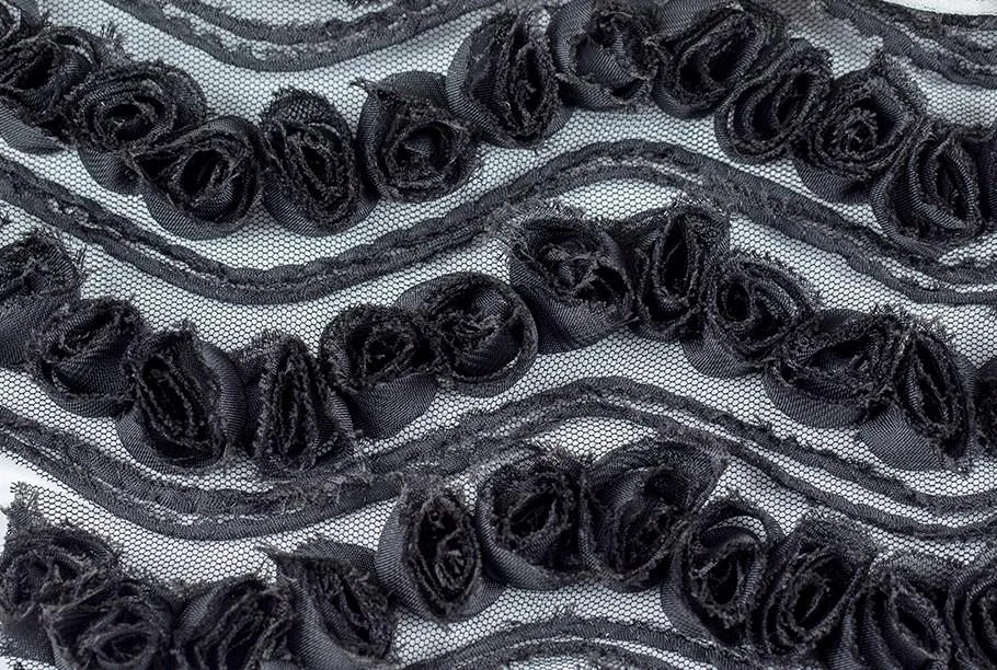 3D Black Rose Bunch Design Embroidery Fabric