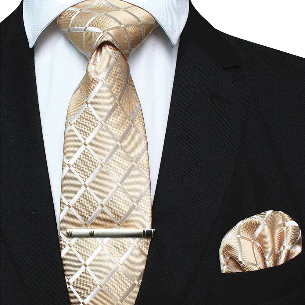 41 Style Men Tie Necktie Pocket Square Party Wedding Fashion Striped Plaid 8cm Silk Woven Business Handkerchief Tie Clip Set