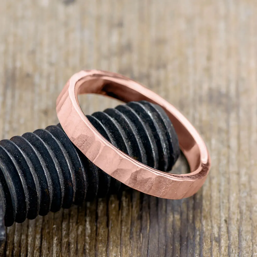 4mm 14k Rose Gold Mens Wedding Band, Wood Grain Matte