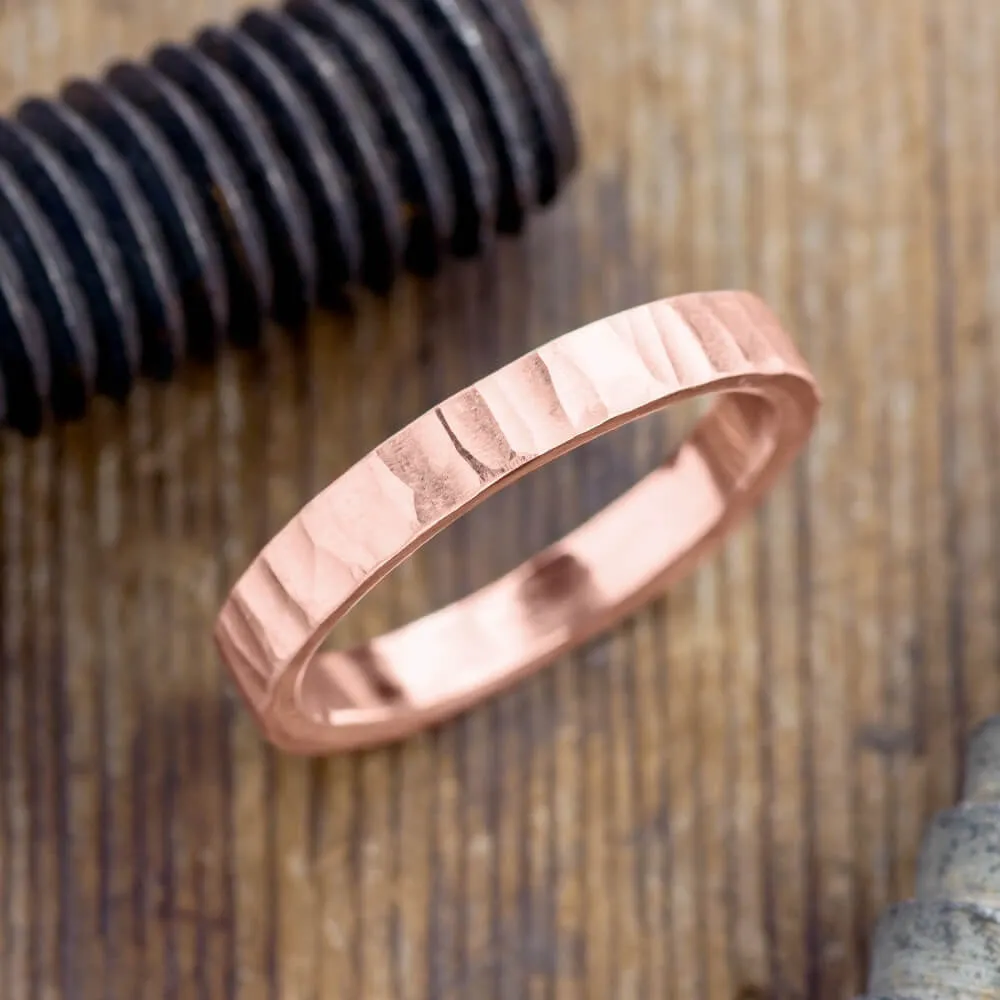 4mm 14k Rose Gold Mens Wedding Band, Wood Grain Matte
