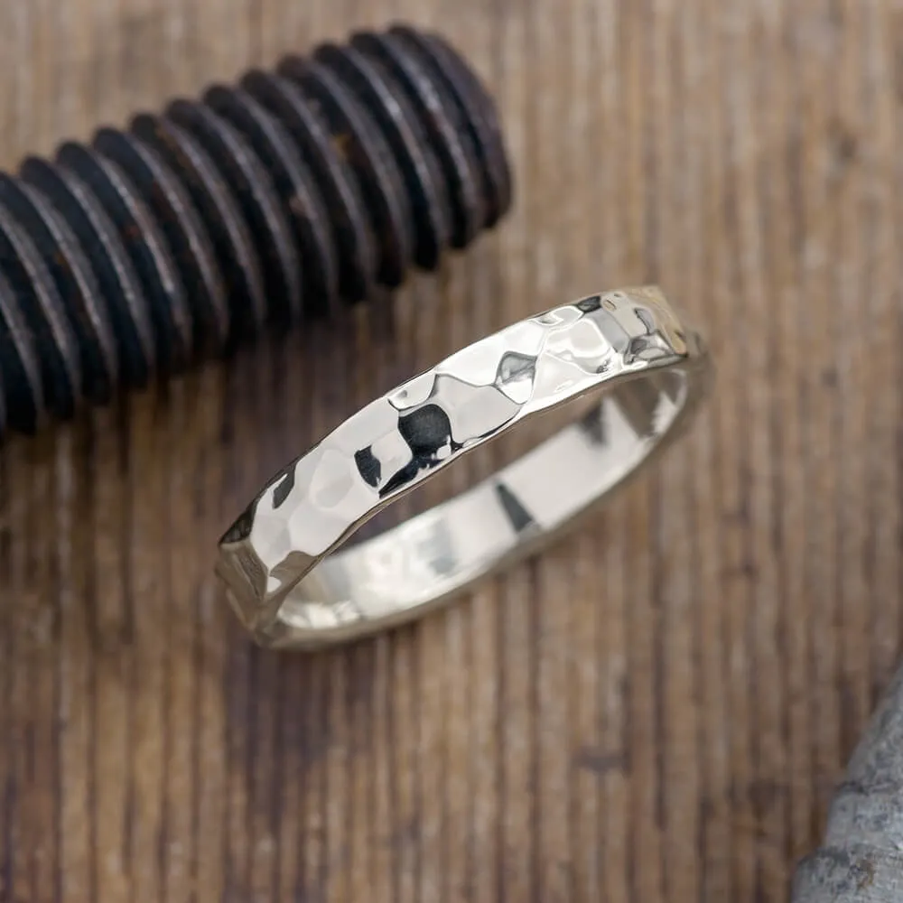 4mm 14k White Gold Mens Wedding Ring, Hammered Polished