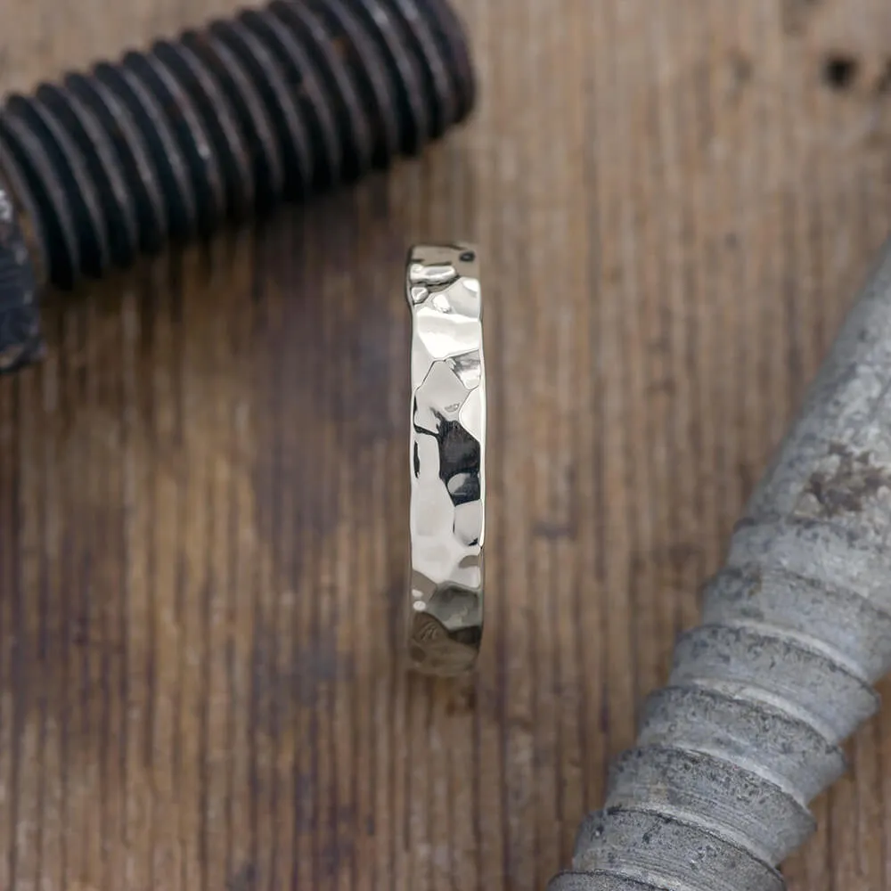 4mm 14k White Gold Mens Wedding Ring, Hammered Polished