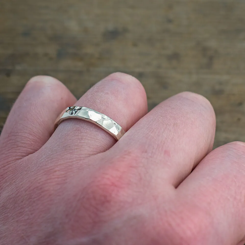 4mm 14k White Gold Mens Wedding Ring, Hammered Polished