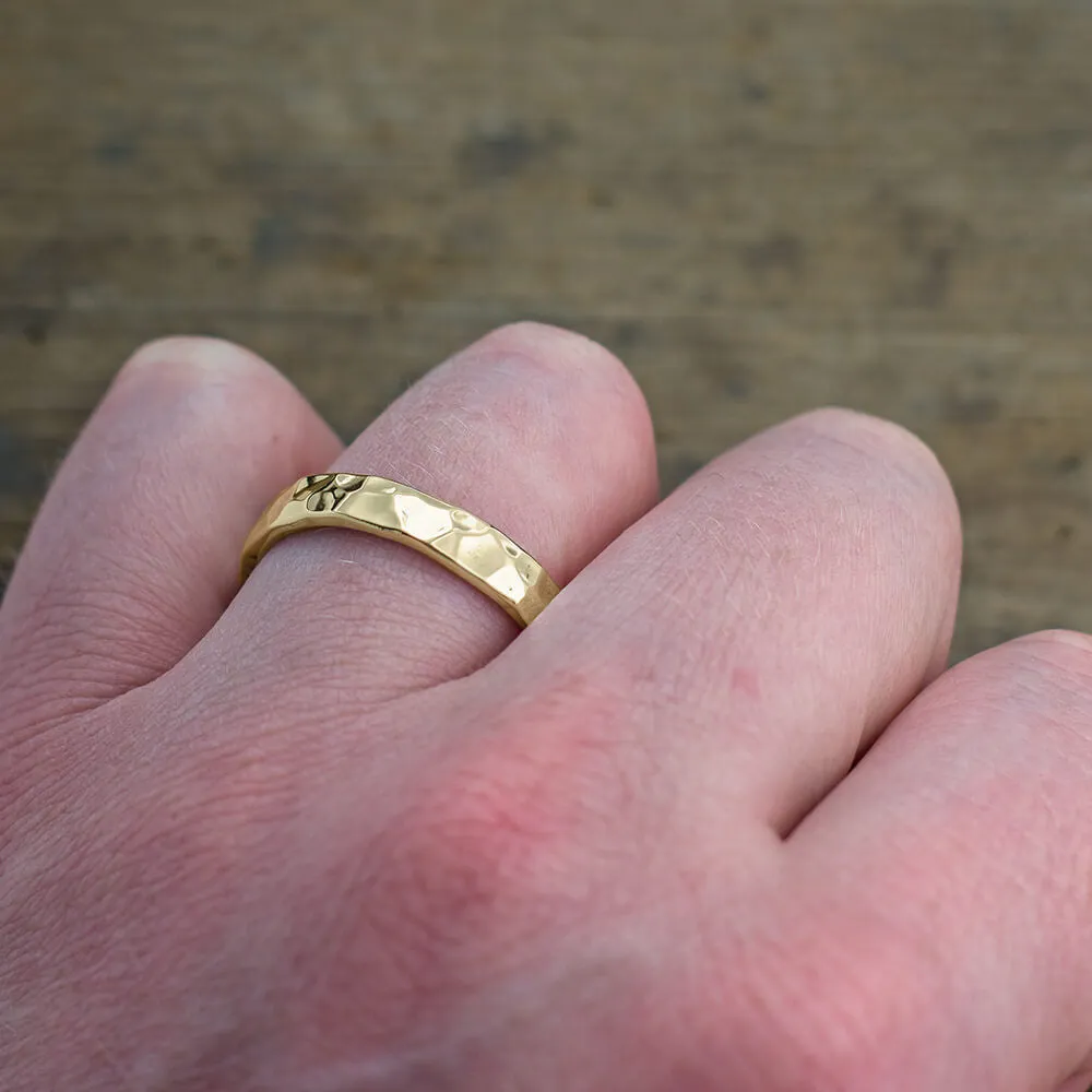 4mm 14k Yellow Gold Mens Wedding Ring, Hammered Polished