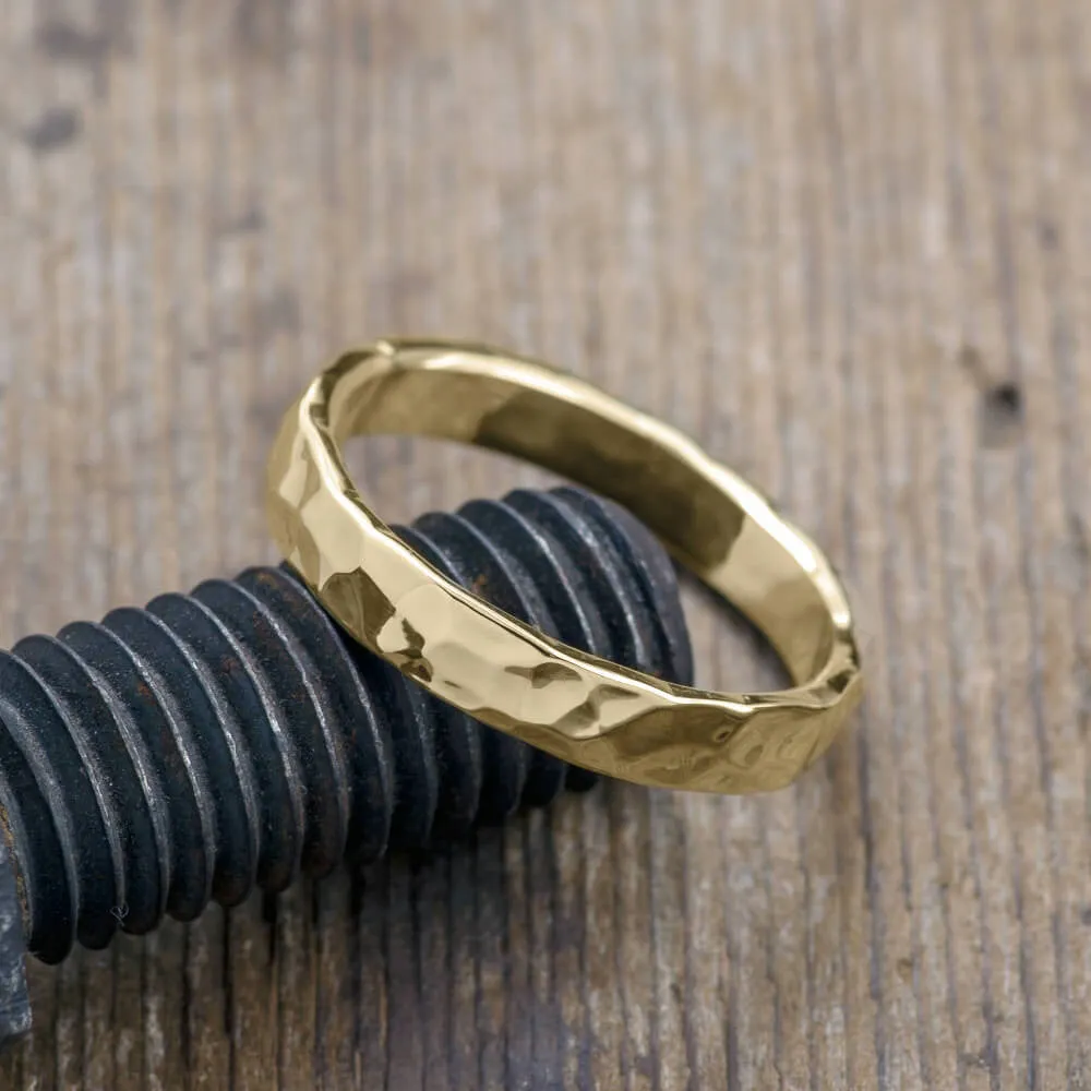 4mm 14k Yellow Gold Mens Wedding Ring, Hammered Polished