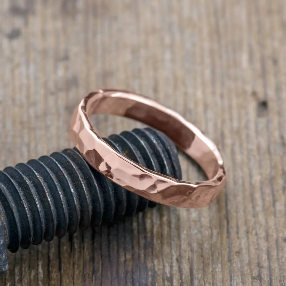 4mm Comfort Fit 14k Rose Gold Mens Wedding Band, Hammered Polished