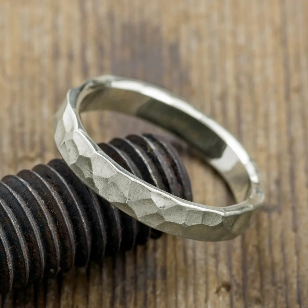 4mm Comfort Fit 14k White Gold, Mens Wedding Ring, Hammered Matte