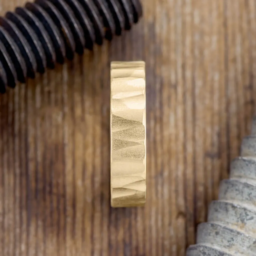 6mm 14k Yellow Gold Mens Wedding Band, Wood Grain Matte