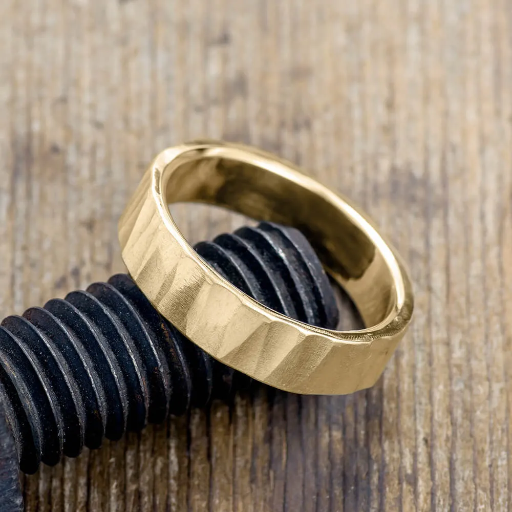 6mm 14k Yellow Gold Mens Wedding Band, Wood Grain Matte