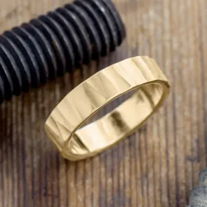 6mm 14k Yellow Gold Mens Wedding Band, Wood Grain Matte