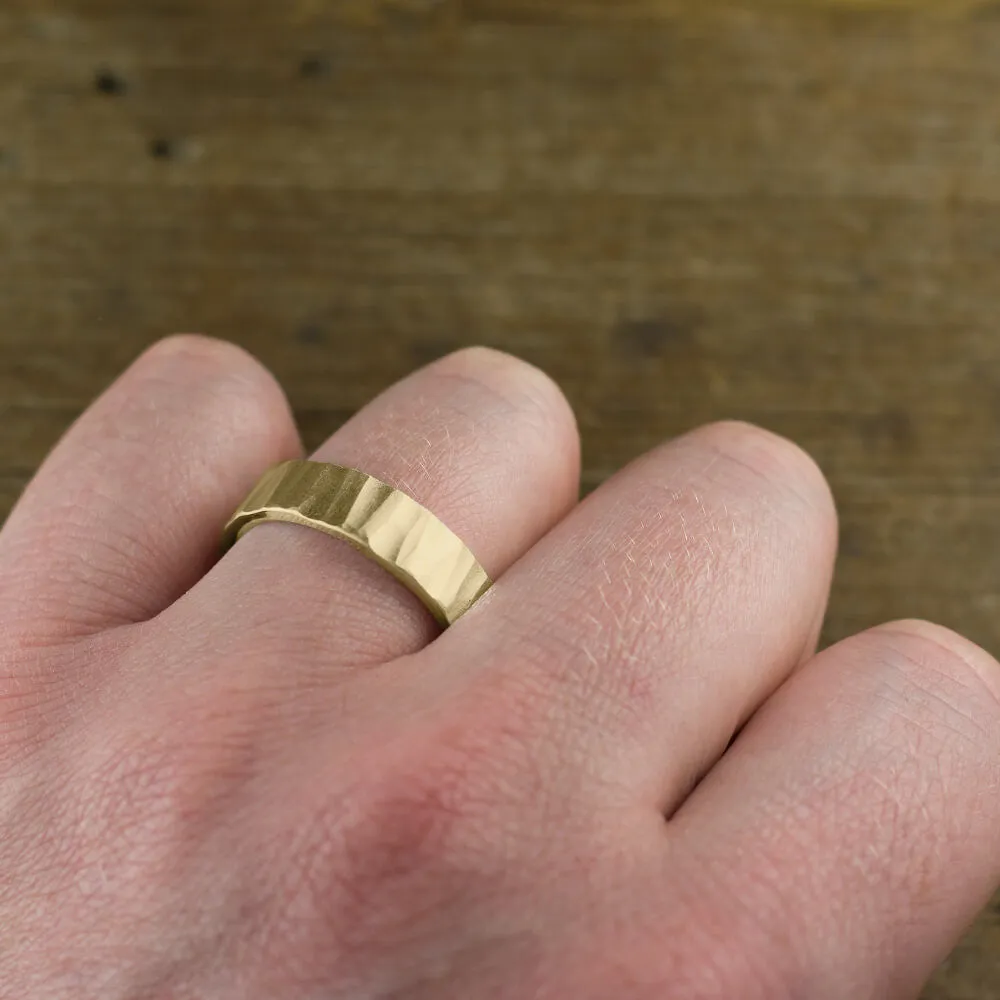 6mm 14k Yellow Gold Mens Wedding Band, Wood Grain Matte