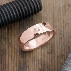 6mm Comfort Fit, 14k Rose Gold Mens Wedding Band, Hammered Polished